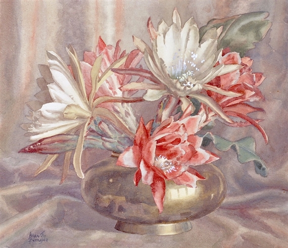 A watercolor still life of blooming cactus flowers in a metallic bowl.