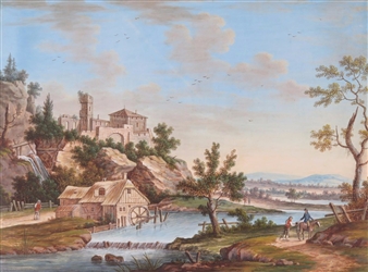 River landscape with figures by a watermill - Ambrosius Gabler
