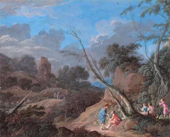 Figures at dusk in an Italianate landscape by Pierre Antoine Patel, 1685