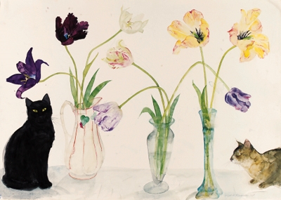 Black Cat, Abyssinian Cat and Tulips by Elizabeth Blackadder, 1988