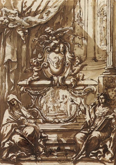 A monument to Pope Gregory XIII, crowned by putti and flanked by allegories of Faith and Charity - Antonio Filippini