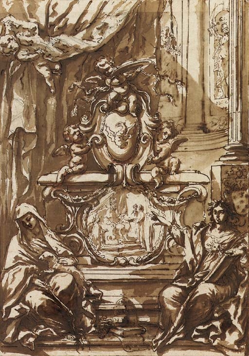 Artwork by Antonio Filippini, A monument to Pope Gregory XIII, crowned by putti and flanked by allegories of Faith and Charity, Made of red and black chalk, pen and brown ink,brown wash
