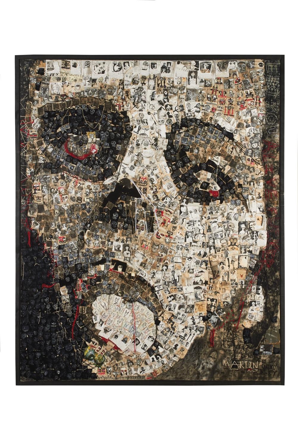 Artwork by James Robinson, Martin, Made of ink, graphite and acrylic on paper, found images, wood, and velvet, cotton thread and wool on canvas