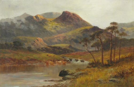 Highland mountainscape with cattle by J. McIntyre