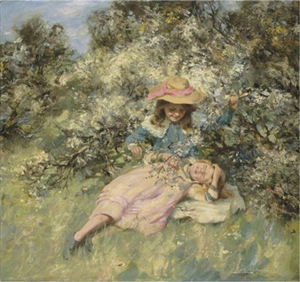 Children amongst spring blossom - William Stewart MacGeorge