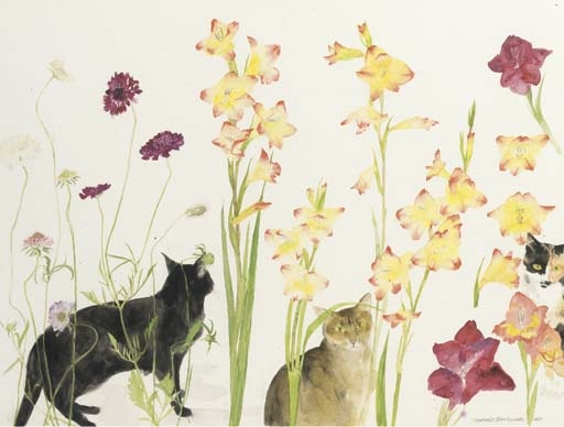 Cats and gladioli by Elizabeth Blackadder, 1989