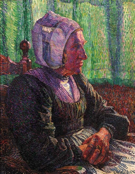 A profile portrait of a seated woman in a headscarf, rendered with dense dabs of color against a green background.