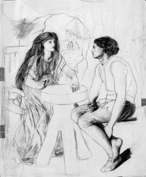 Study for The Tempest, Ferdinand and Miranda playing chess - Lucy Madox Brown