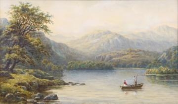 Mountain Lake Scene with Figures in a Boat by Lev Felixovich Lagorio