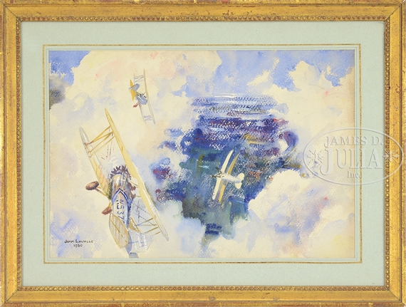 TWO WORKS: TWO ILLUSTRATIONS OF BIPLANES IN FLIGHT by John Lavalle, 1930