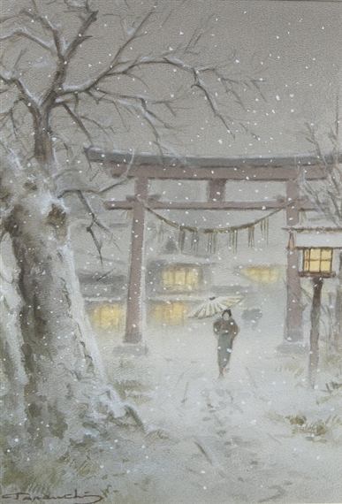A Japanese winter evening scene by Manjiro Terauchi