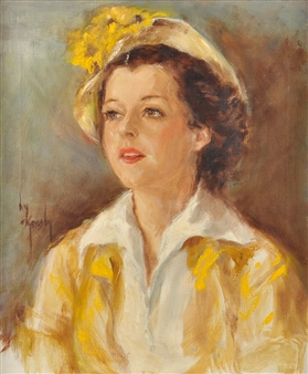 The Portrait is of Myrna Loy Wearing a Hat with Bright Yellow Flowers - Alicia Skonsby