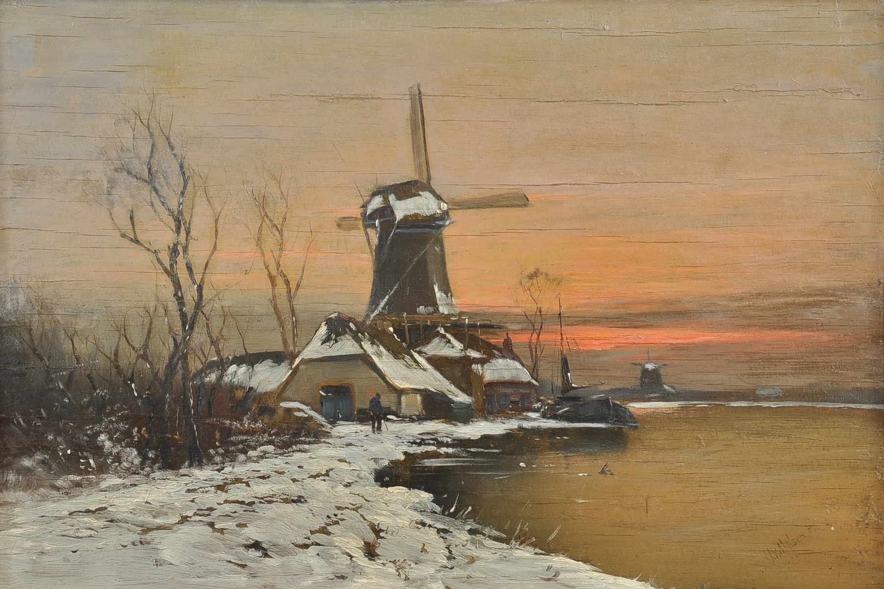 Artwork by V. V. Malson, Winter Scene with Windmills, Made of Oil on wood panel
