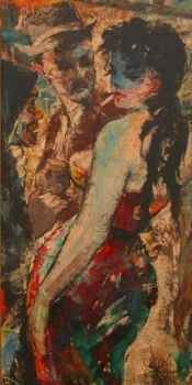 Scene depicting a "lady" with a gentleman and a scowling woman, probably chastising the younger woman for her erring ways. Anoush was active in Teheran and Munich and was known for his portraits and for still life