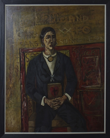 A somber portrait of a seated figure in dark clothing holding a red book, set against a textured background with abstract symbols.