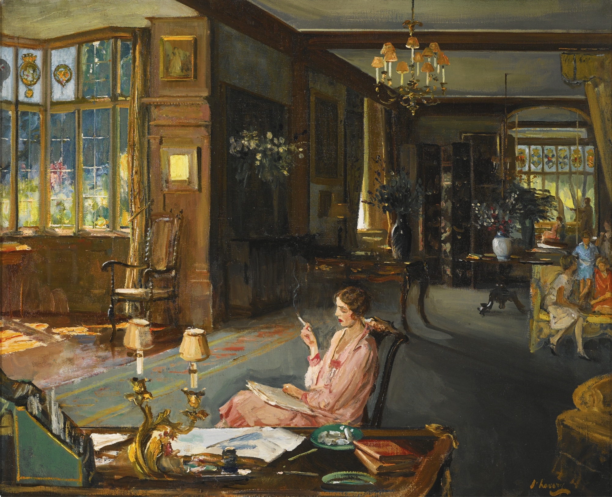 Artwork by John Lavery, MARY BORDEN AND HER FAMILY AT BISHAM ABBEY, Made of oil on canvas