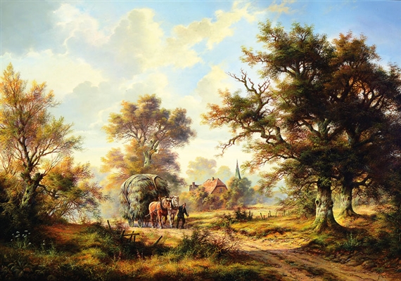 landscape with farmhouse in the background and farmer with horse-drawn vehicle by Heinz Stienen