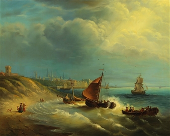 boats in front of the illuminated coast - G. Godenhoff