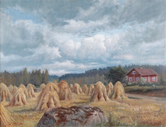 A pastoral landscape painting featuring a red house, haystacks, and a dramatic sky.