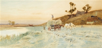 Eindrucksvolle Landschaft im Abendlicht mit Bauern bei der Heuernte - Adelaide L. Haslegrave