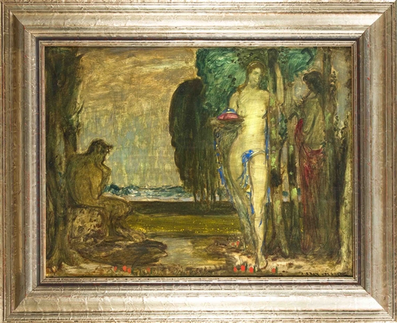 Symbolistische Szene mit weiblicher Figur auf einer Waldlichtung, die etwas blaues auf einem Kissen zu tragen scheint, während Pan und eine Frau musizieren by Adolf Frey-Moock