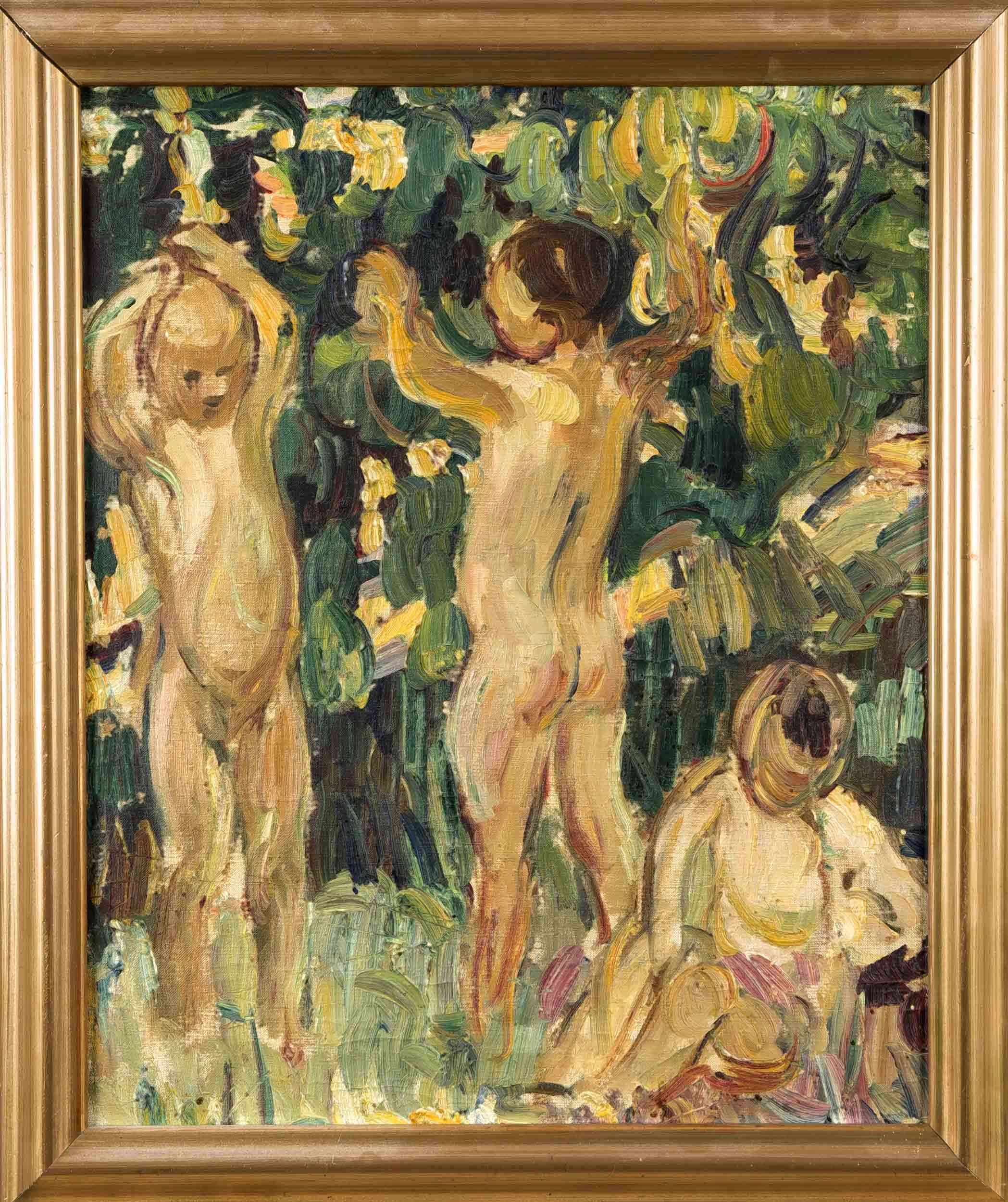 Artwork by Dora Hitz, Drei nackte, unter Bäumen spielende Kinder, mit breiten, raschen und pastos aufgetragenen Strichen skizzierte, impressionistische Szenerie, Made of oil on canvas