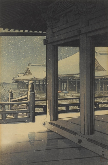 Four works, Ishinomaki bosetsu (Ishinomaki in the Snow), Sanshu Zensetsuji (Zensetsu Temple, Sanshu), Kiyomizudera no bosetsu (Evening Snowfall at Kiyomizu Temple) and  Nara Daibutsuden (Hall of the Great Buddha, Nara) by Hasui Kawase, 1935 - 1950