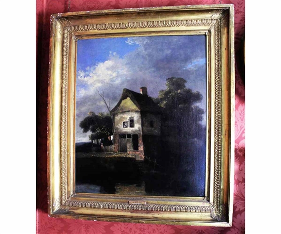 Wooded landscape with figure by a washing line and thatched cottage by John Berney Crome