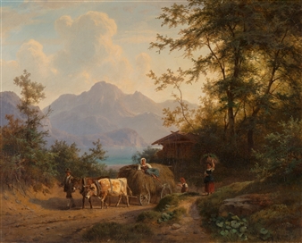 Mountain Landscape with Hay Wagon and Farmers - Gustav Meissner