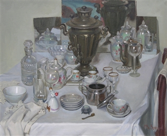 Still life with samovar and dishes - Sergei Vladimirovich Zubcov