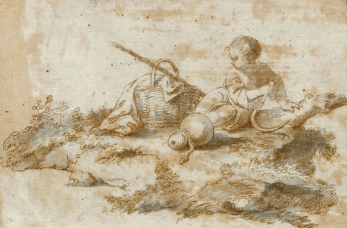 Boy resting with basket, stick and sickle by German School, 18th Century