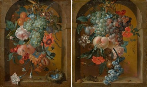 Artwork by Coenraet Conrad Roepel, Pair of Works, Still life of flowers with a mouse / Still life of flowers with a bird's nest, Made of Oil on canvas
