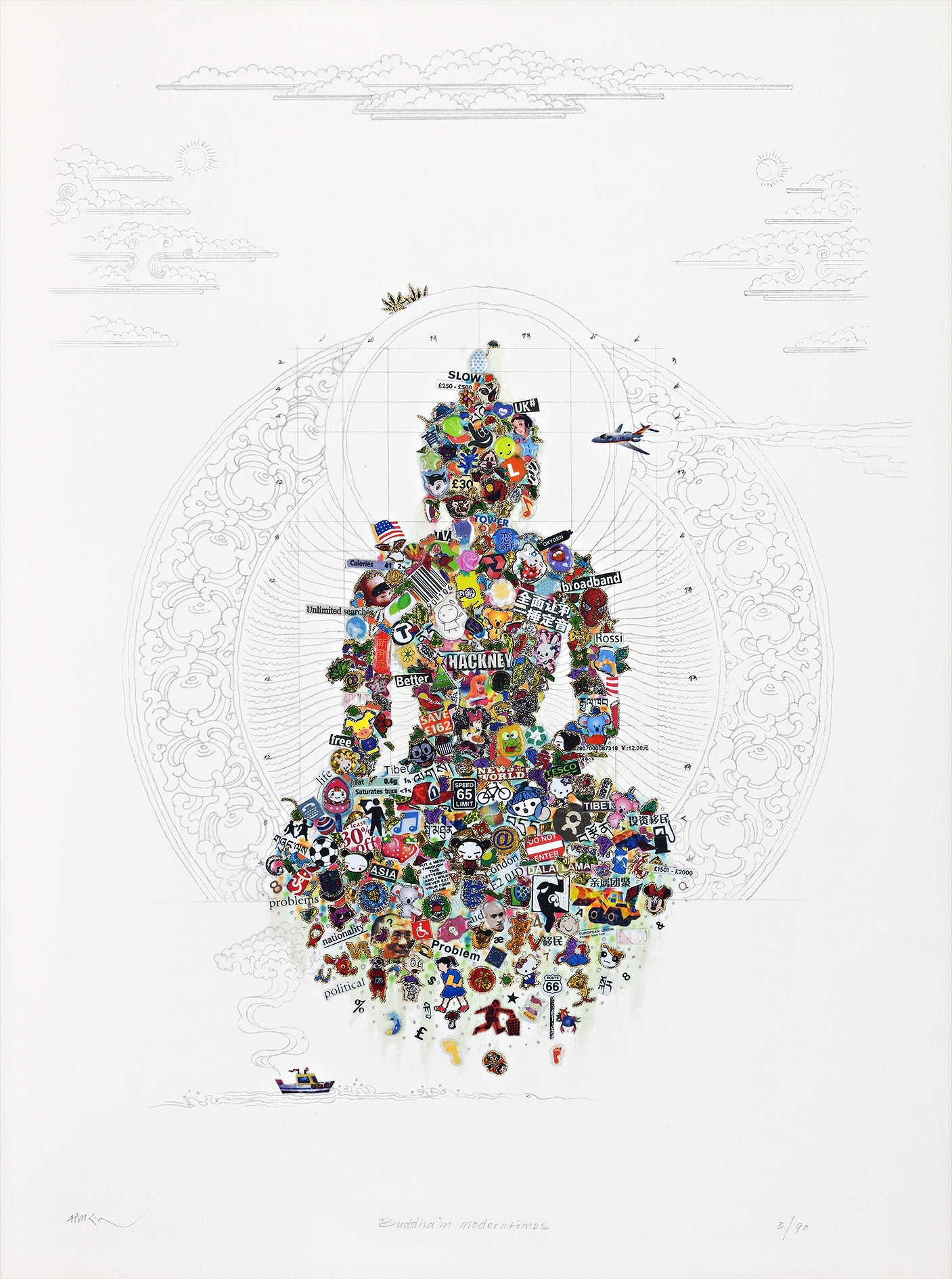 Artwork by Gonkar Gyatso, BUDDHA IN MODERN TIMES, Made of screenprint with gold and silver leaf on paper