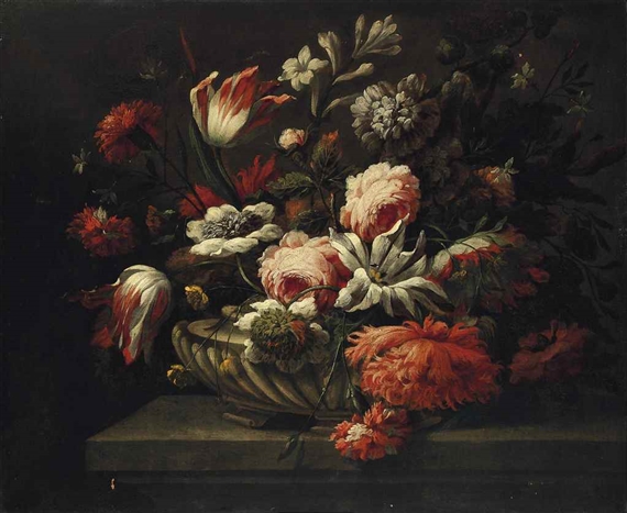Roses, tulips and carnations in a porcelain vase, on a stone ledge by Pieter Hardimé