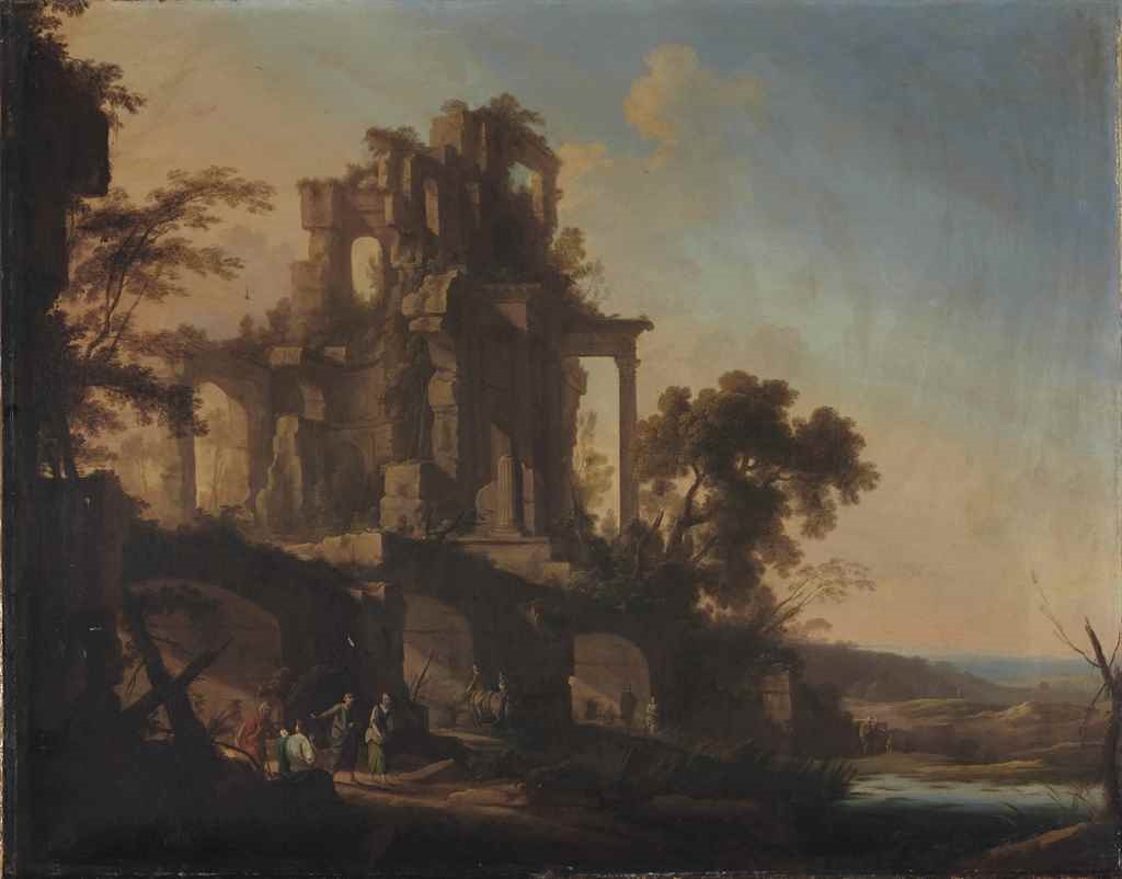 Artwork by Pierre Antoine Patel, Paysage avec un grand édifice ruiné animé de figures, Made of oil on canvas