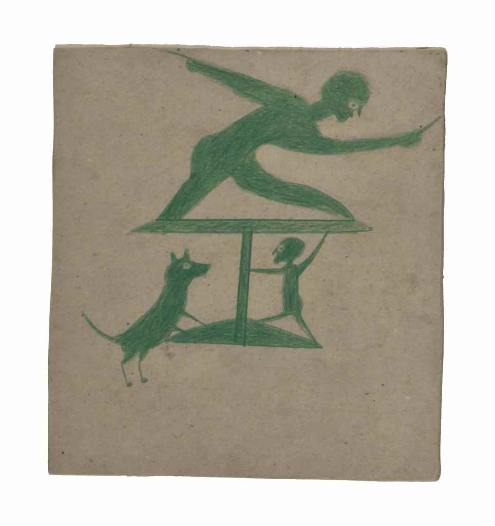 Artwork by Bill Traylor, Green Construction with Two Men and a Dog, Made of crayon on card