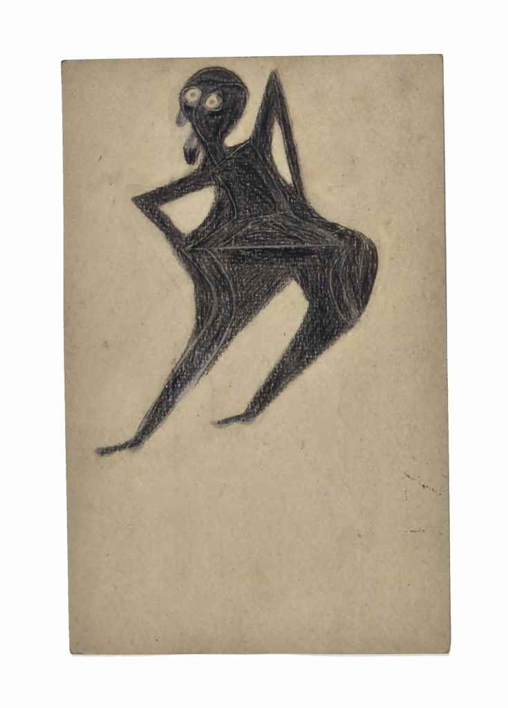 Artwork by Bill Traylor, Old Man Holding Hip, Made of crayon and graphite on found card