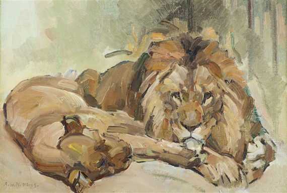 Lion et lionne couchés - A. de Nottbeck