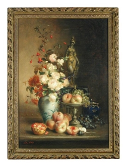 A Still Life of a Statue of Minerva Fuschia and Roses in a Vase a Silver Tazza with Peaches and Grapes and a White Mouse Eating a Cut Peach - Aurélie Léontine Malbet