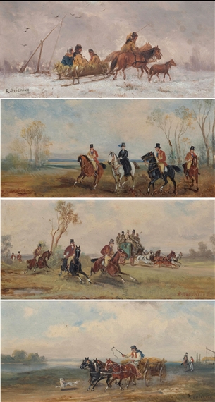 Four scenes: Before the Hunt; Return from the Hunt; Walachian Sled and Hungarian Wagon - R. Sevenico