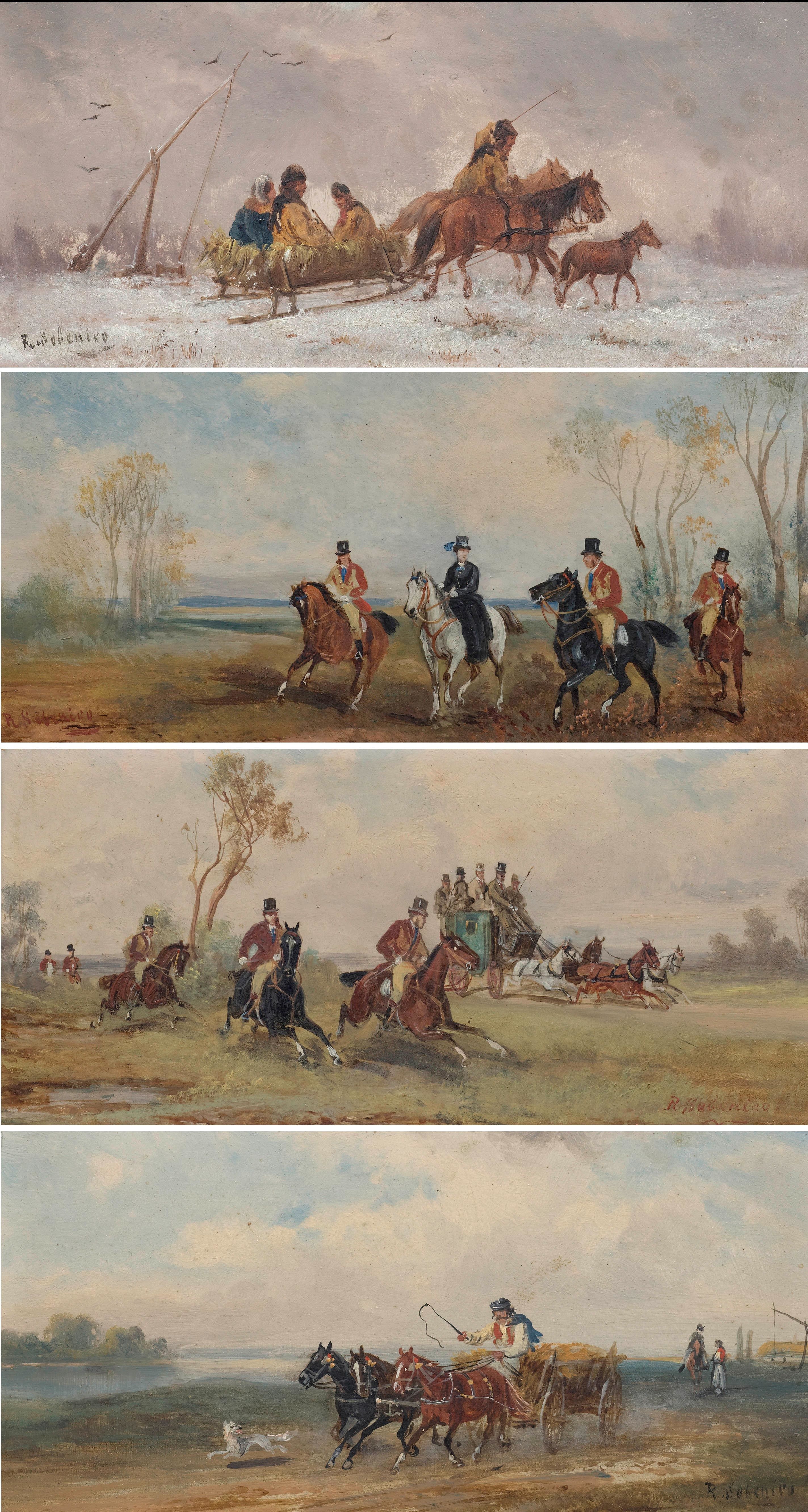 Artwork by R. Sevenico, Four scenes: Before the Hunt; Return from the Hunt; Walachian Sled and Hungarian Wagon, Made of oil on panel