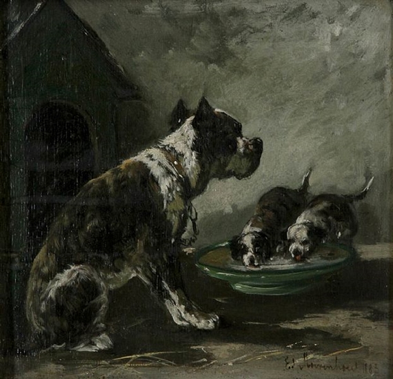 Dog with two puppies near the doghouse by Edward Moerenhout, 1883