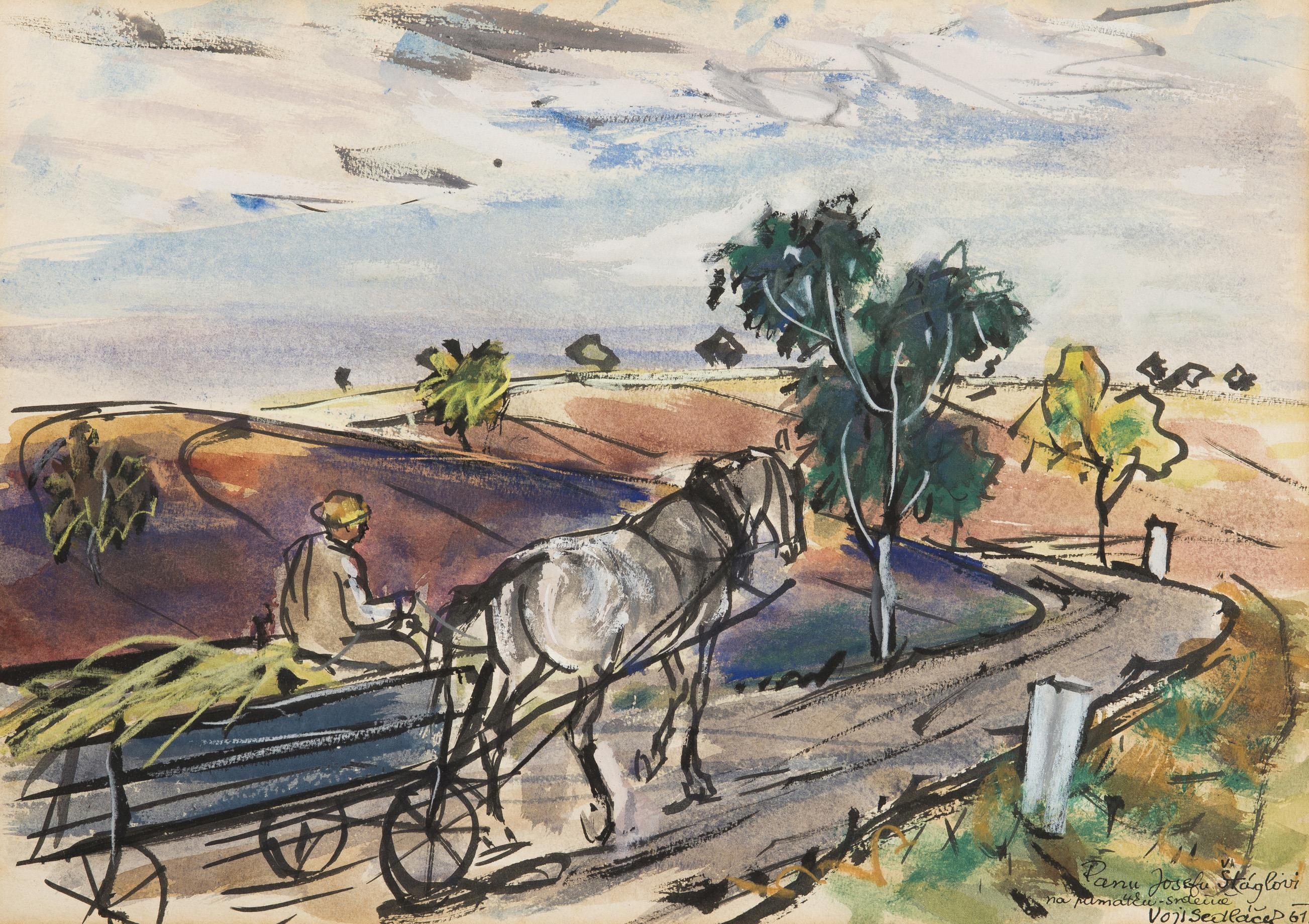 Artwork by Vojtěch Sedláček, Landscape with a Carriage, Made of tempera on paper