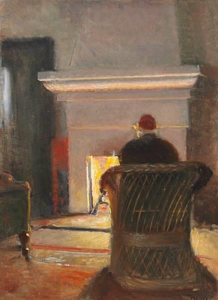 Artwork by Michael Peter Ancher, Interior with Holger Drachmann at the fireplace in Villa Pax, Skagen, Made of oil on canvas