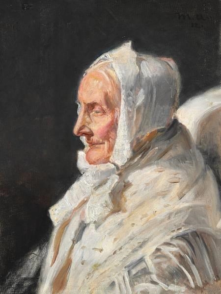 Ane Brøndum, the artist's mother-in-law in profile with a white bonnet and a white shawl