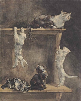 Cats and kittens on a dresser - Charles Paul Renouard