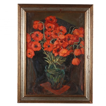 A vibrant still life of red poppies in a green vase against a dark background.