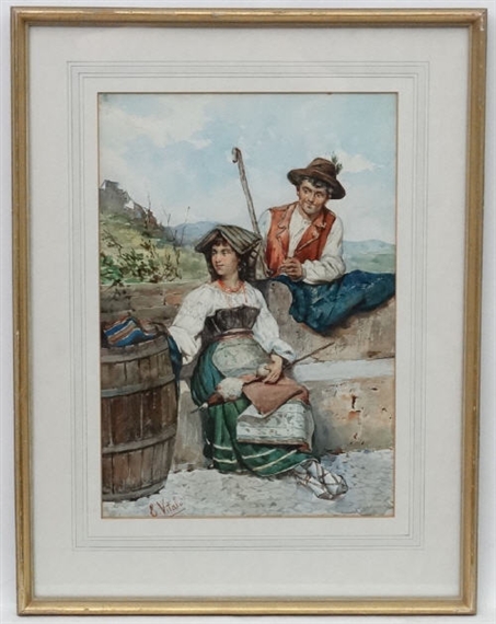 Girl seated and shepherd by Edouardo Vitali