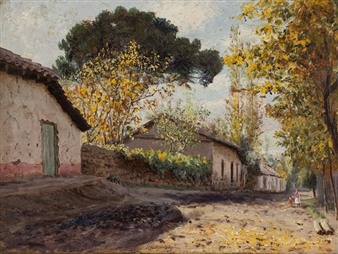 A rustic village street scene in autumn with a small figure walking away.
