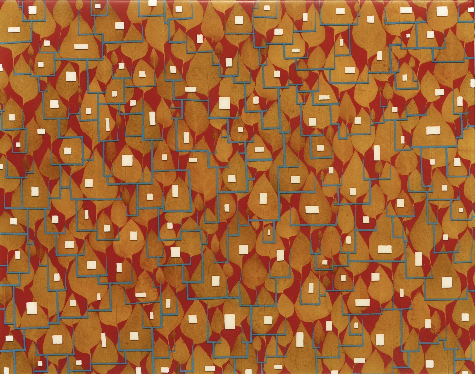 Artwork by Fred Tomaselli, STEM CELL, Made of leaves, acrylic and resin on panel